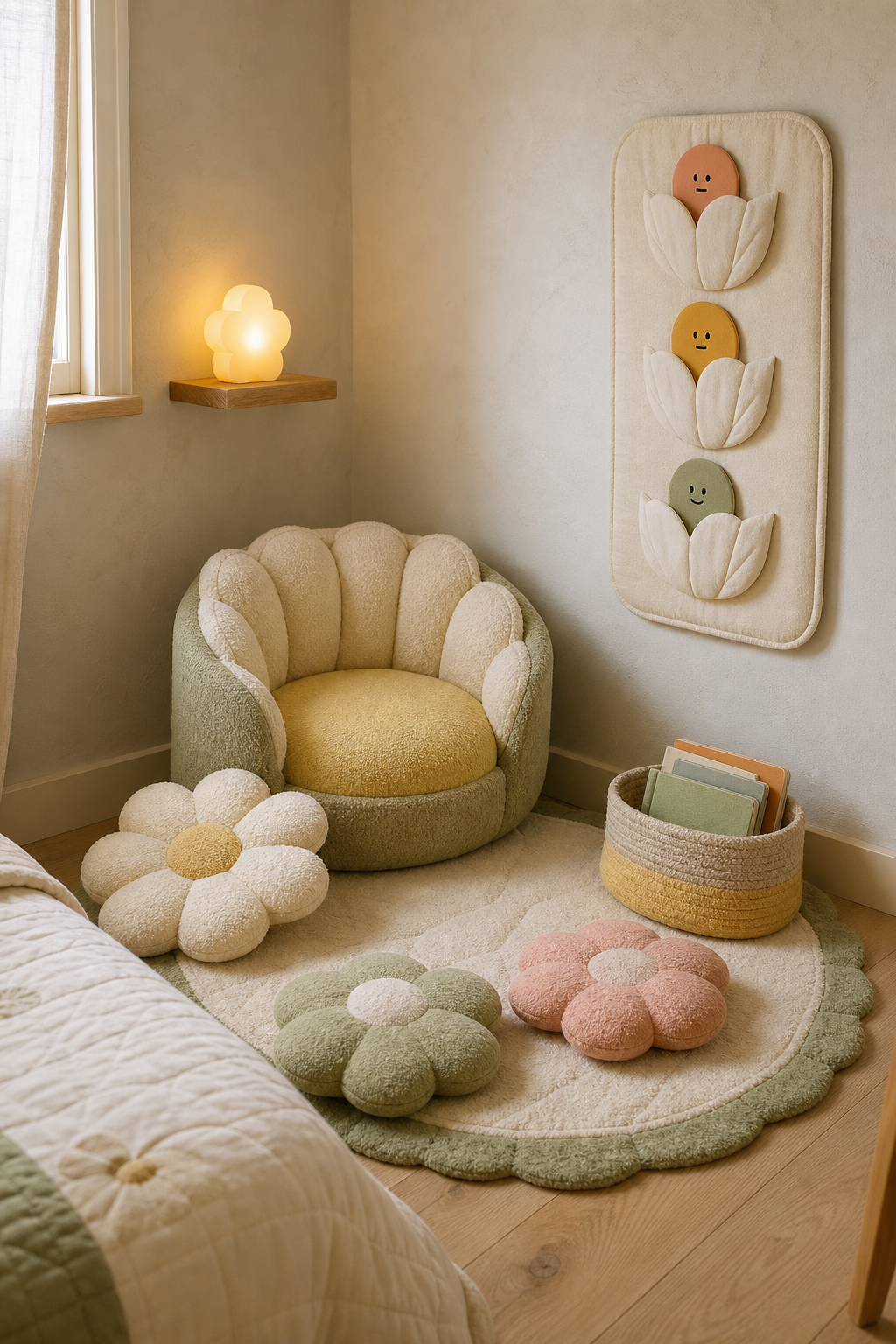 A daisy-themed children's calm corner with a soft flower chair, floor cushions, books, and warm light.
