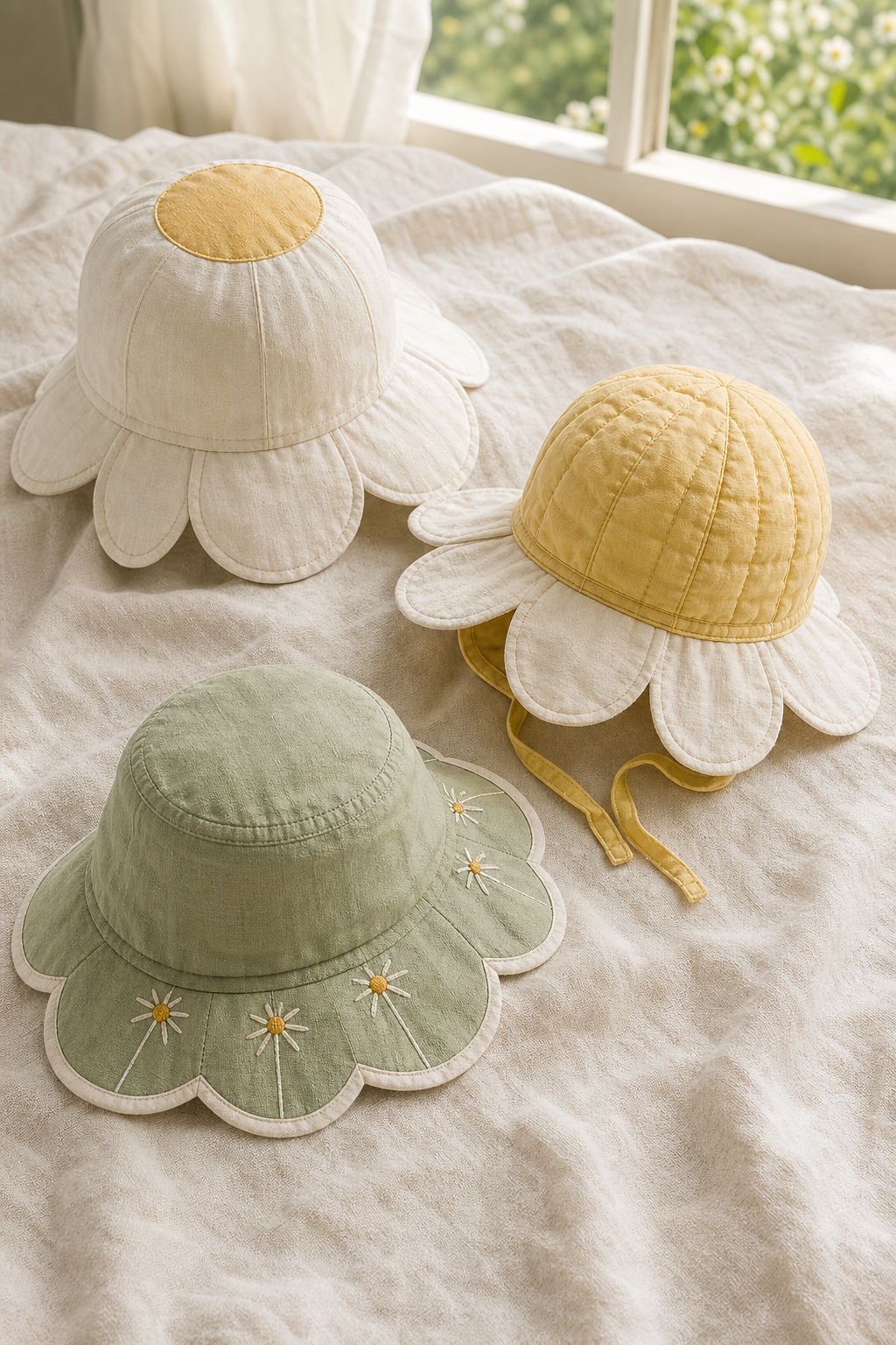 Three soft children's sun hats inspired by daisies in ivory, butter yellow, and sage green.