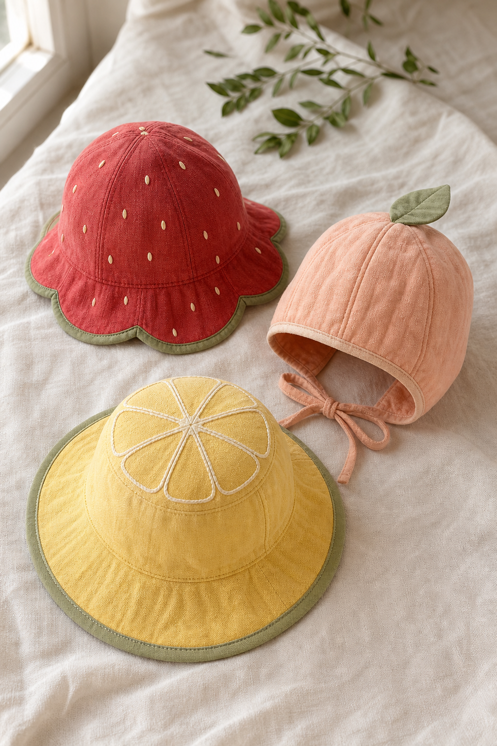 Three soft children's hats inspired by a strawberry, peach, and lemon, photographed on washed linen.