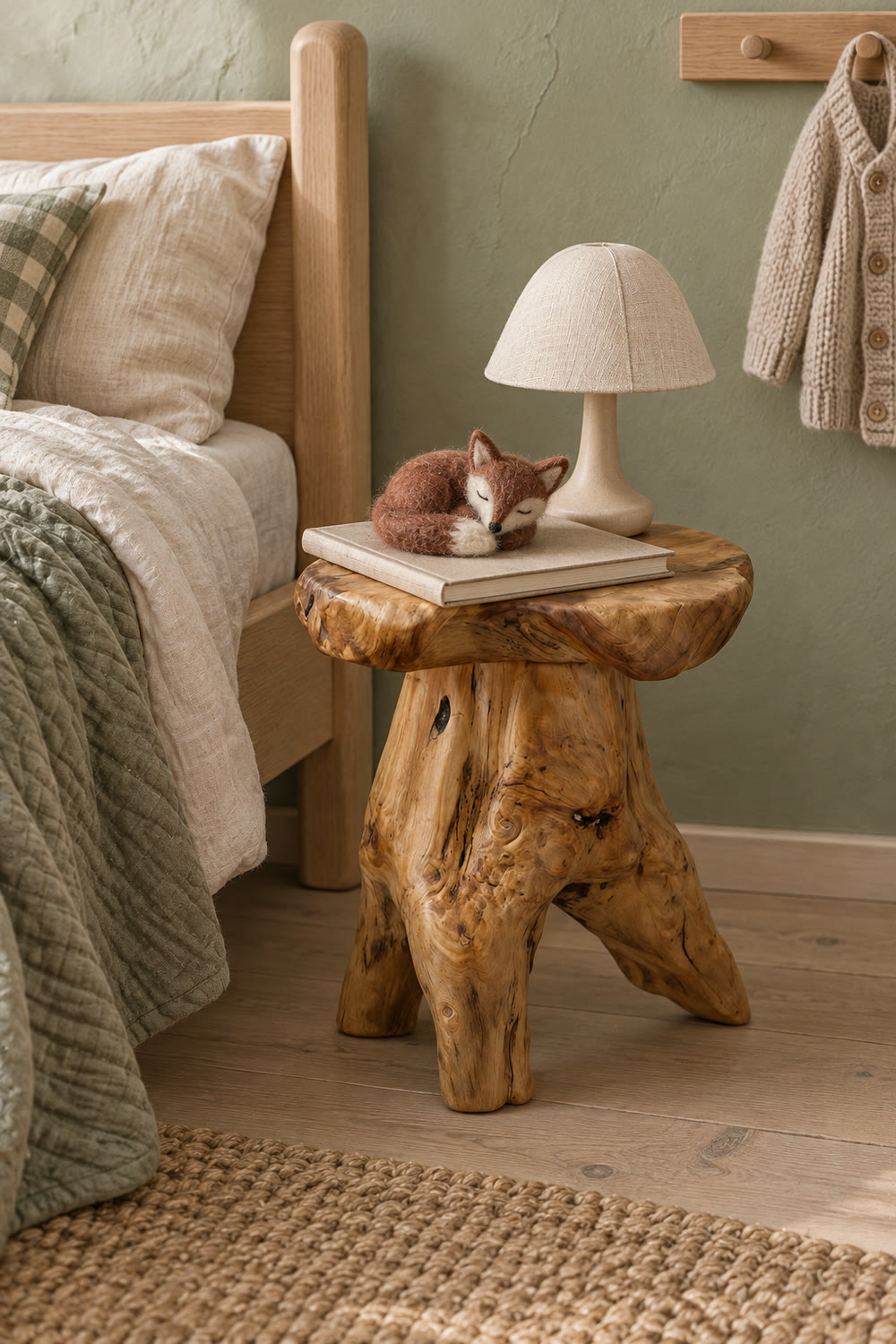 A golden cedar mushroom-shaped stool used as a bedside table next to a low wooden bed, holding a small mushroom lamp and a book with a felt fox asleep on it, against a sage wall.