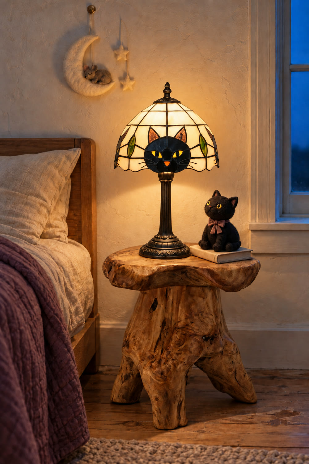 A stained-glass lamp with a black cat's face glowing at dusk on a cedar mushroom stool beside a child's bed, with a knit black cat toy looking up at it and a felt moon with a sleeping mouse on the wall.