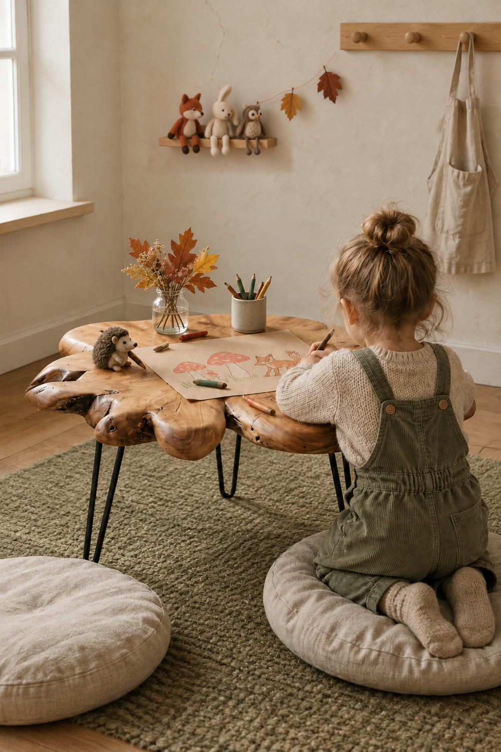A live-edge cedar table on black hairpin legs used as a child's drawing table on a moss-green rug, with a small child seen from behind drawing toadstools and a fox, a felt hedgehog on the table, and three stuffed animals on a wall ledge.