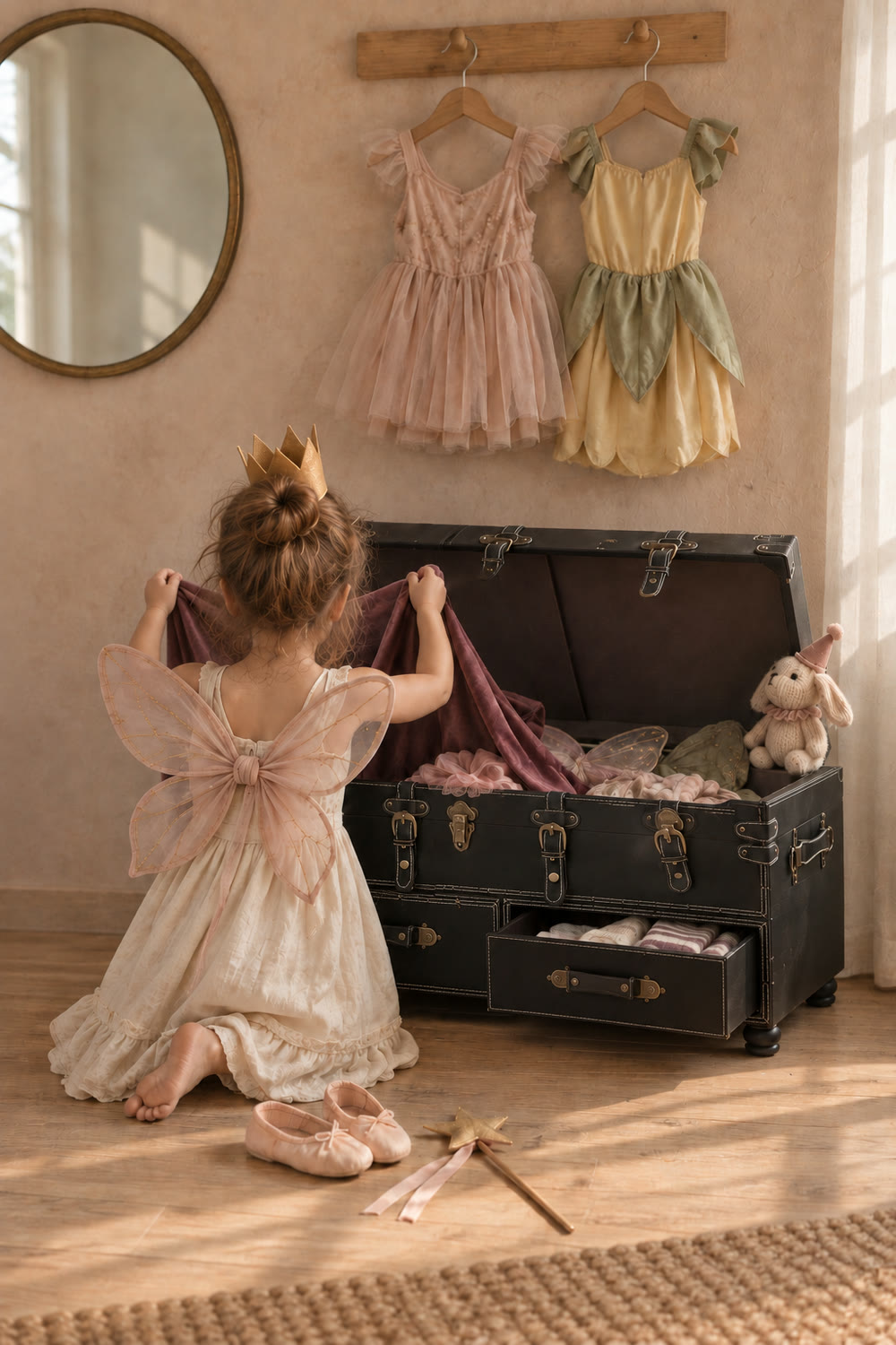 A small child seen from behind, wearing fairy wings and a gold crown, kneeling at an open black trunk and lifting out a plum velvet cape, with a knit bunny in a party hat sitting on the trunk and costumes hanging above.