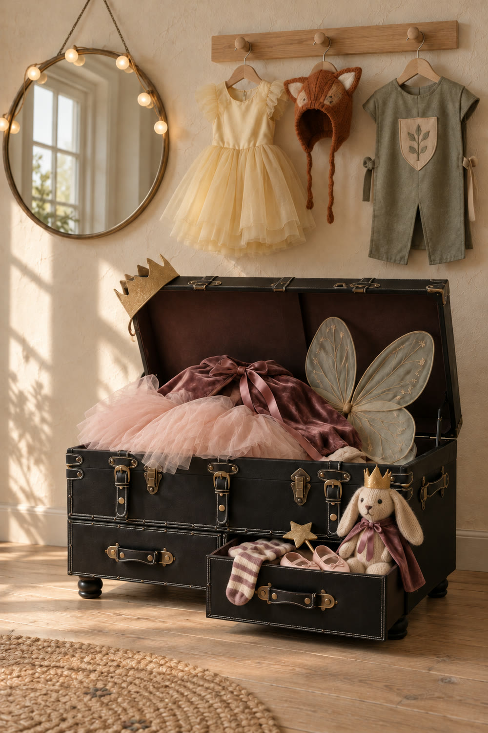 A black vintage trunk bench with brass buckles, open and overflowing with a blush tulle skirt, a plum velvet cape and fairy wings, a gold crown on its lid, a knit bunny in a crown in the open drawer, and costumes on a peg rail beside a round mirror with little lights.