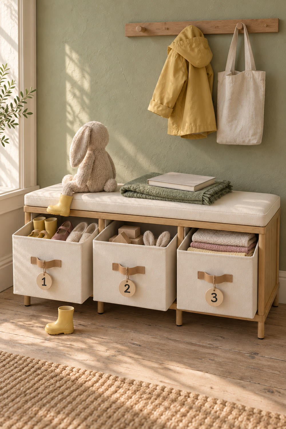 A bamboo storage bench with a cream cushion and three fabric drawers tagged 1, 2 and 3, holding little shoes, toys and folded sweaters, with a knit bunny on the cushion wearing one yellow rain boot.