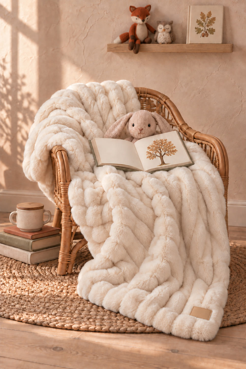 A thick ivory ribbed faux fur blanket draped over a child's rattan armchair, with a knit bunny tucked in and an open picture book on top, and a knit fox and a felt owl sitting on a wall ledge above.