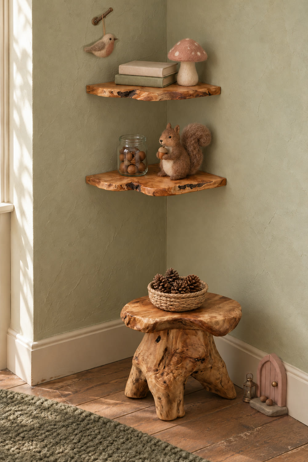 Two live-edge cedar corner shelves in a sage corner holding books, a felt toadstool, a jar of acorns and a felt squirrel, above a cedar mushroom stool with a basket of pinecones and a tiny fairy door at the baseboard.