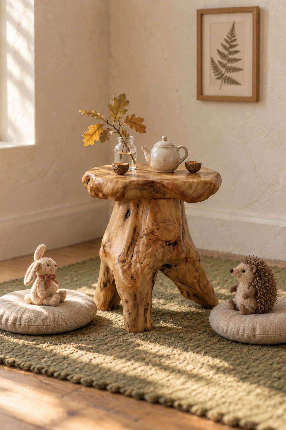 A cedar mushroom stool set as a tiny tea table with acorn-cap cups and a small teapot on a moss-green rug, with a knit bunny and a felt hedgehog sitting on linen cushions.