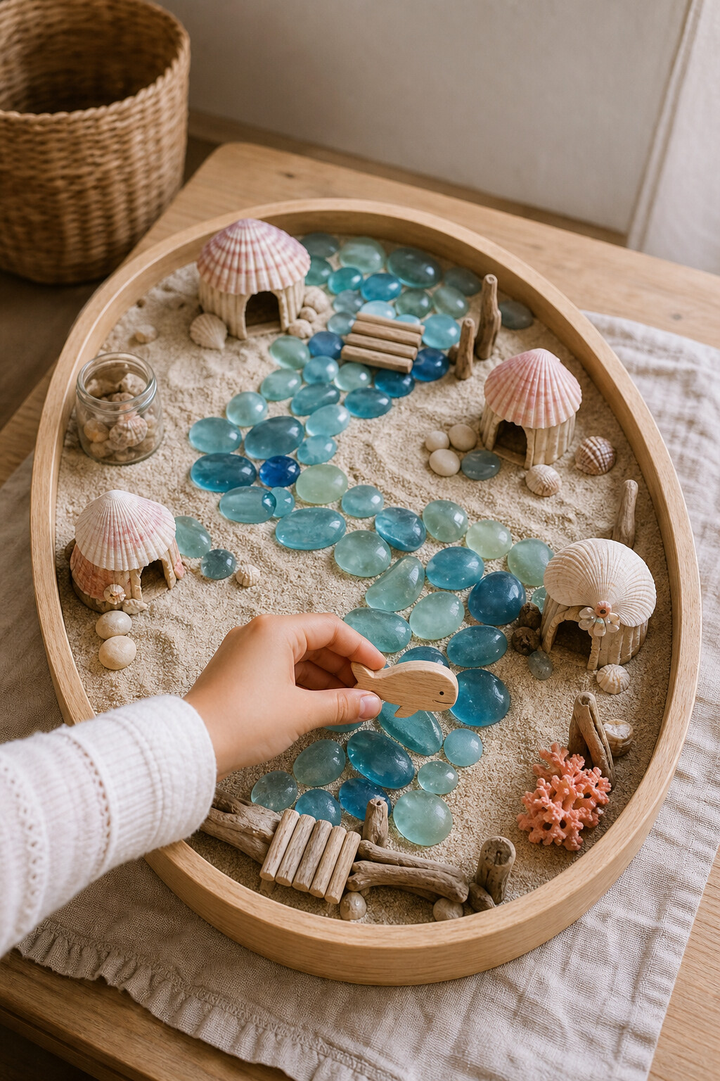 A child’s hand places a small wooden whale into a miniature lagoon made from blue glass stones, sand and shell cottages.