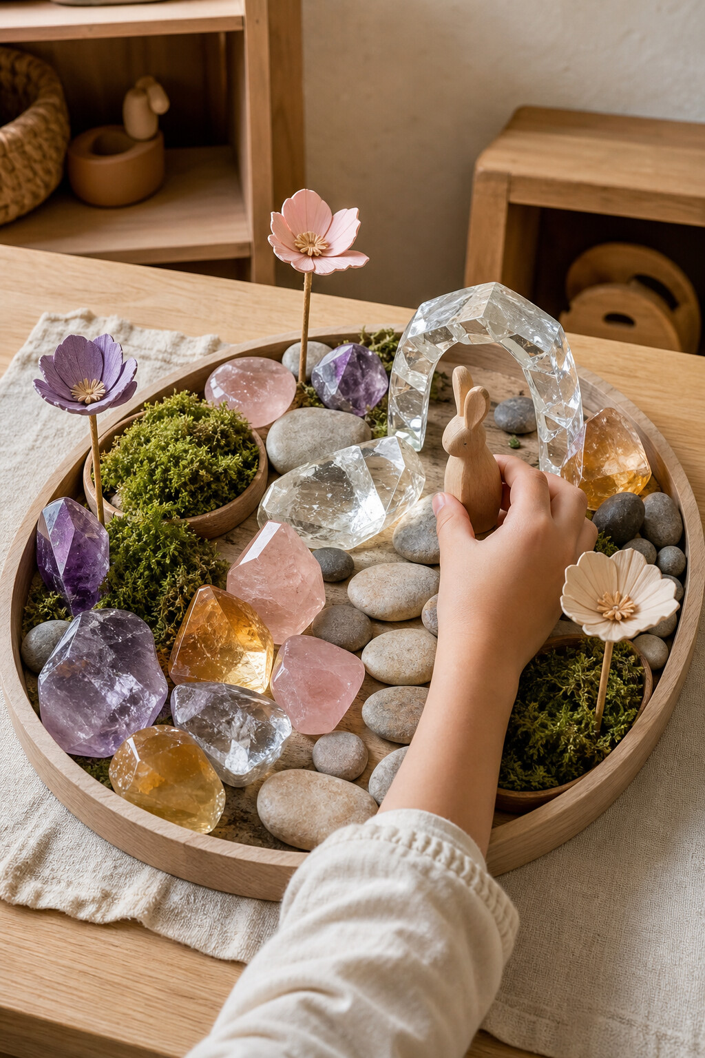An oval tray filled with large colorful crystals, moss cups, stones and a child placing a wooden bunny.