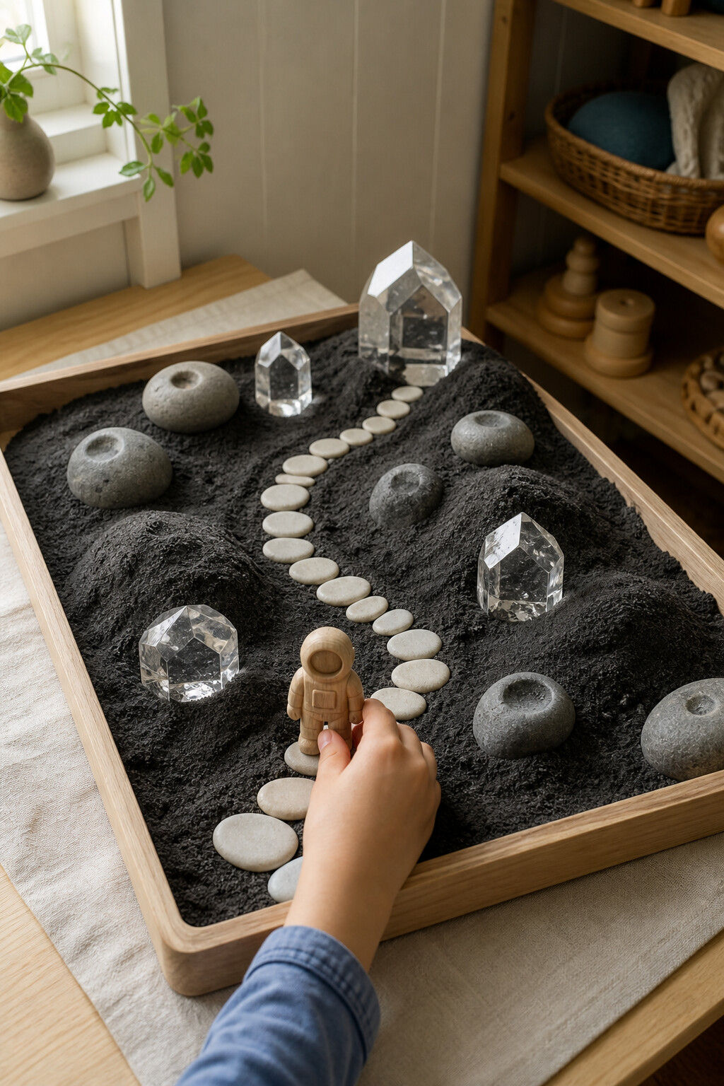 A dark moon landscape with clear crystal houses, gray crater stones, a white pebble path and a wooden astronaut.