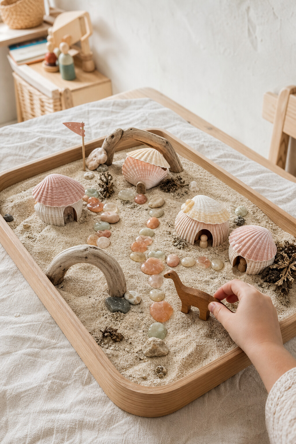A sandy shore with shell cottages, peach stones and a child introducing a small wooden dinosaur.