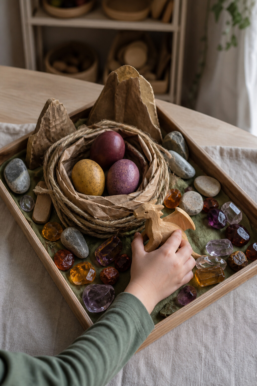 A paper nest with three wooden eggs, jewel-colored stones, mountains and a child holding a small wooden dragon.