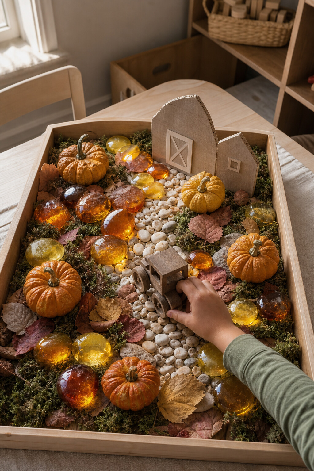 Mini pumpkins, amber stones, leaves and a pale pebble path with a child adding a wooden tractor.
