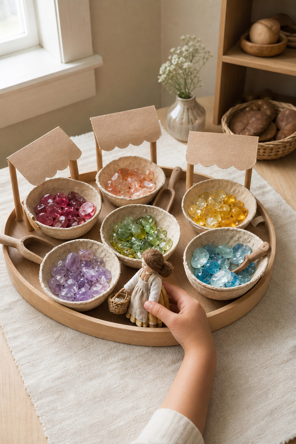 Six flower-shaped bowls sorting colorful acrylic gems while a child adds a tiny cloth doll with a basket.
