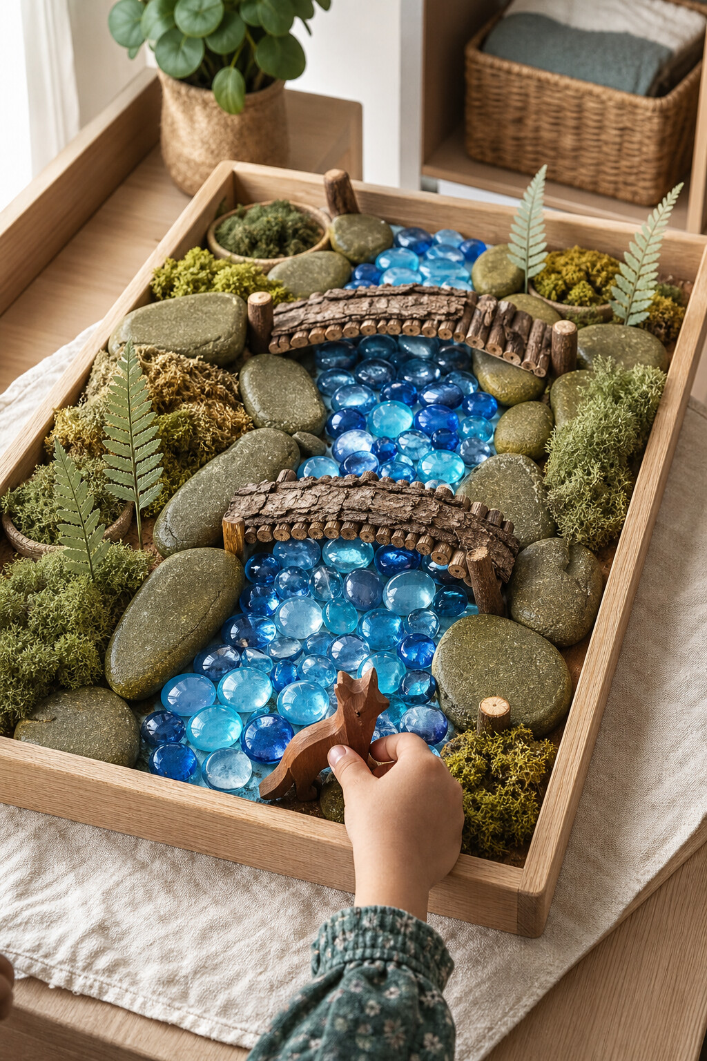 A bright blue stone river with bark bridges, mossy banks and a child placing a carved wooden fox.
