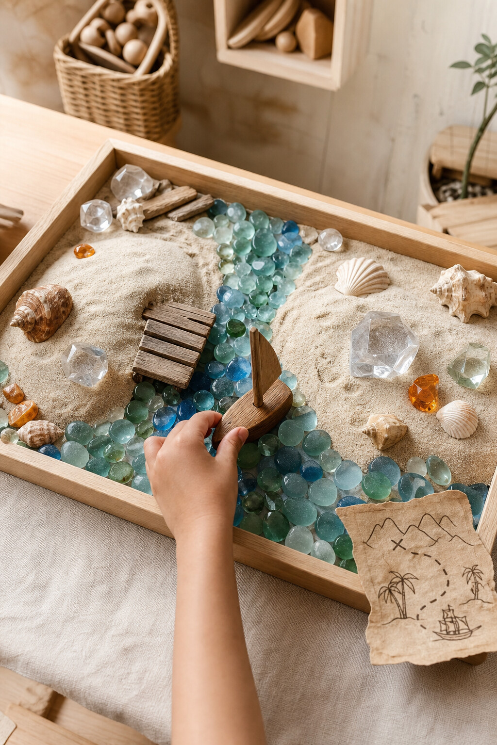 A sandy miniature harbor with blue and green stones, shells, a driftwood pier, a map and a child adding a wooden sailboat.