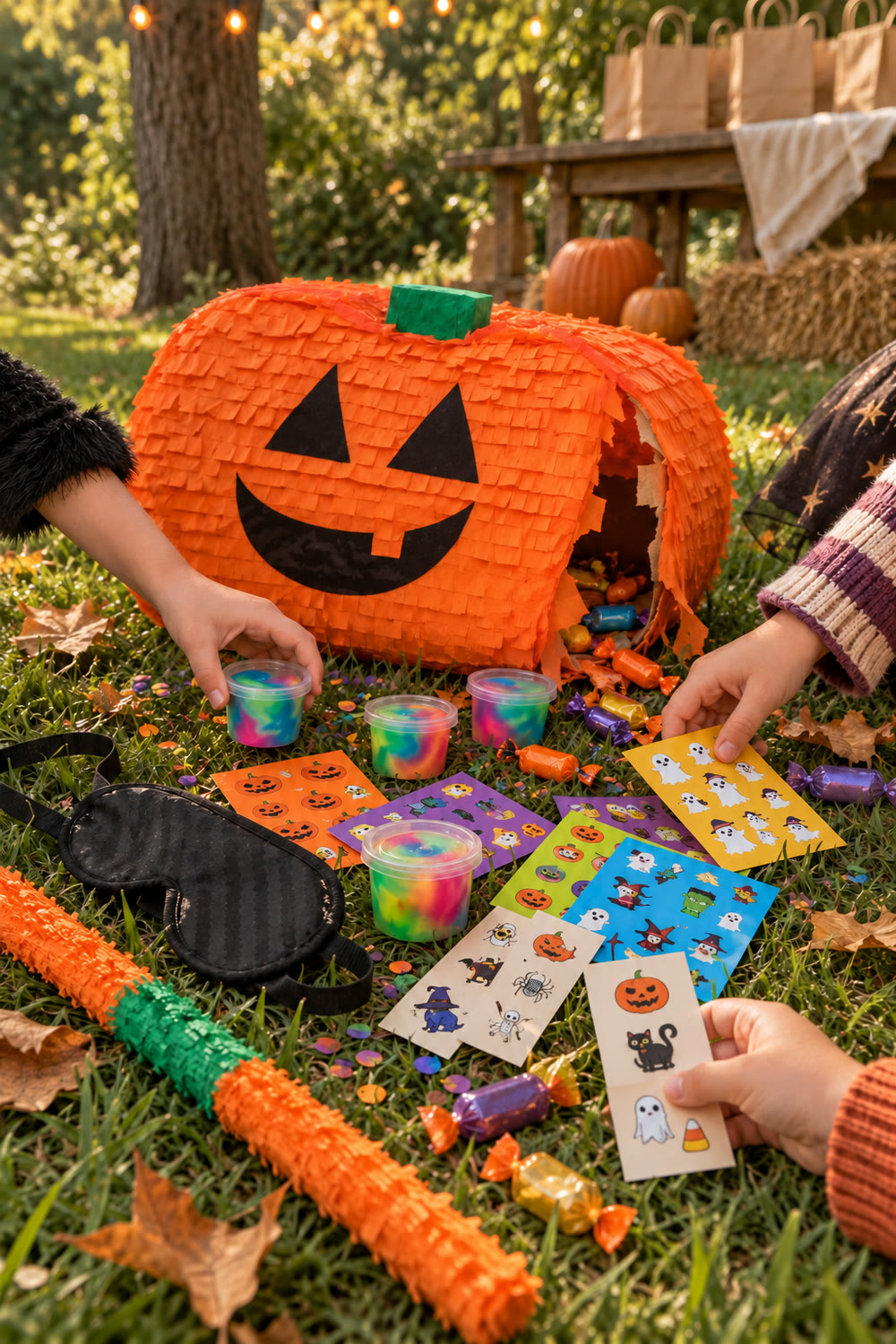 An orange jack-o'-lantern piñata cracked open on an autumn lawn, spilling Halloween sticker sheets, tattoo sheets, mini slime cups and candy as small hands in costume sleeves reach in.