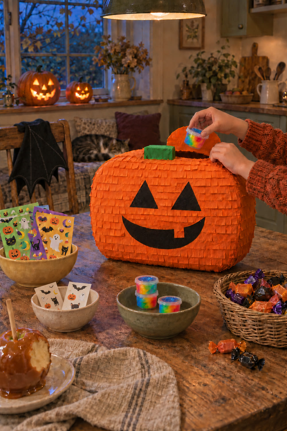 A child's hands dropping a mini slime cup into a pumpkin piñata on a kitchen table at dusk, with bowls of sticker sheets, tattoos, slime cups and candy, glowing jack-o'-lanterns on the windowsill and a cat asleep on the bench.