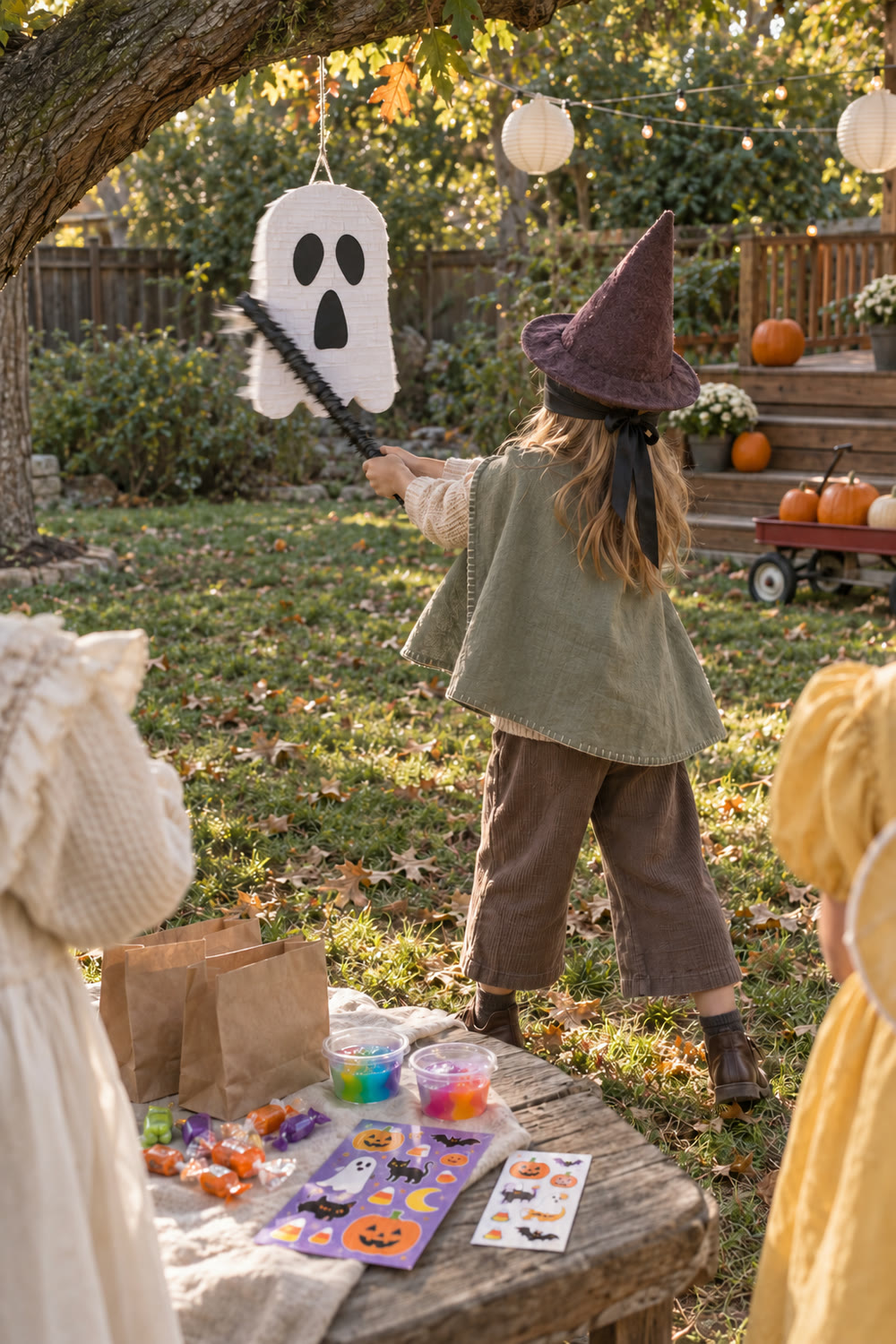 A white ghost piñata hanging from an oak branch at a backyard Halloween party in late-afternoon sun, with a child in a witch hat seen from behind taking a swing, string lights, paper lanterns and treat bags.