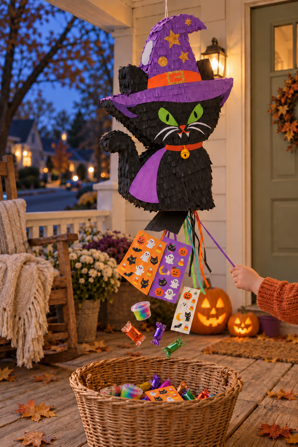 A black cat piñata in a purple witch hat hanging from a porch beam at dusk as a toddler's hand pulls one of its ribbons, with sticker sheets, a slime cup and candy tumbling into a woven basket beside glowing jack-o'-lanterns.