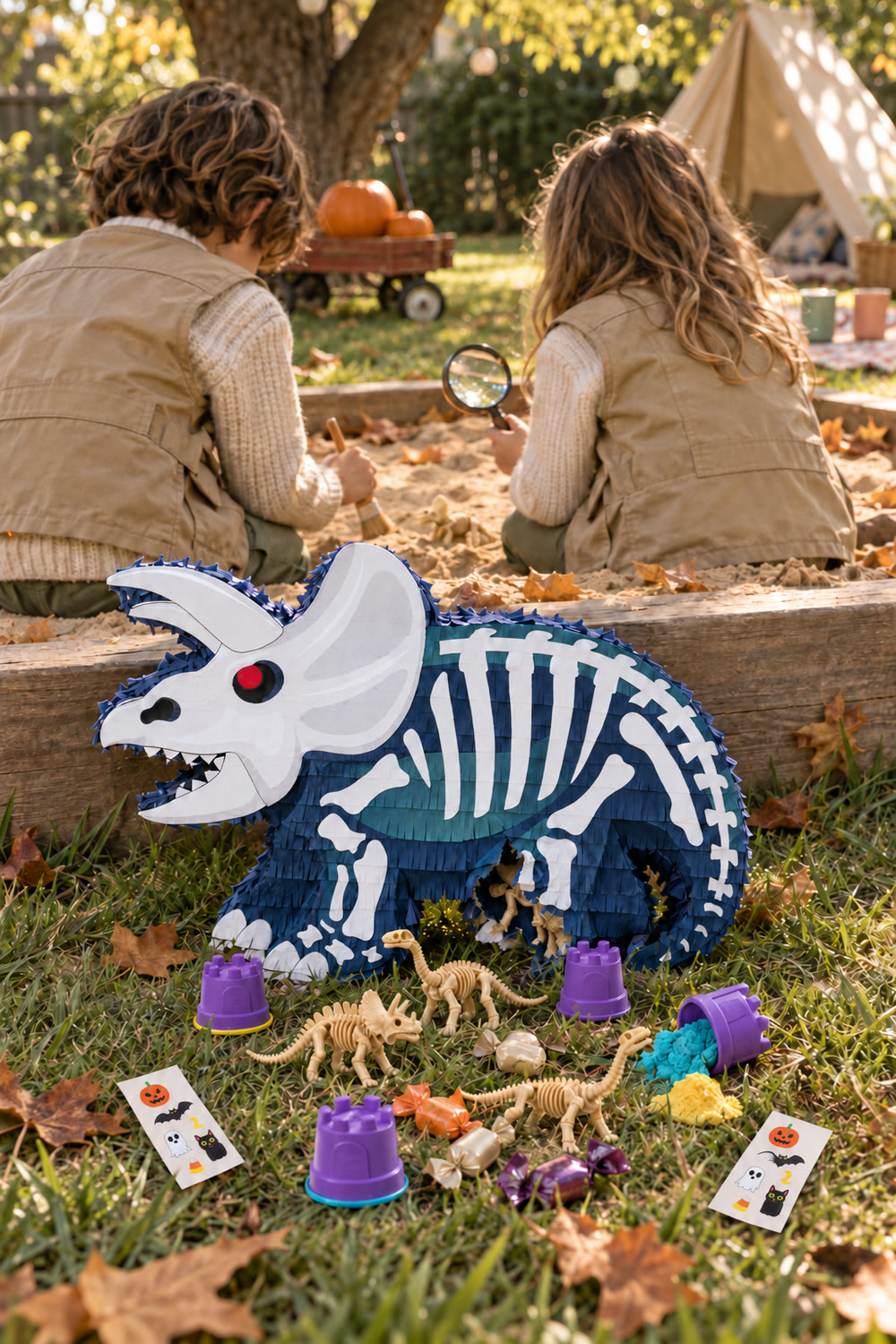 A navy dinosaur skeleton piñata cracked open on the grass by a sandbox, with dinosaur skeleton figures, purple castle cups of play sand and Halloween tattoos spilling out, and two children in explorer vests seen from behind.