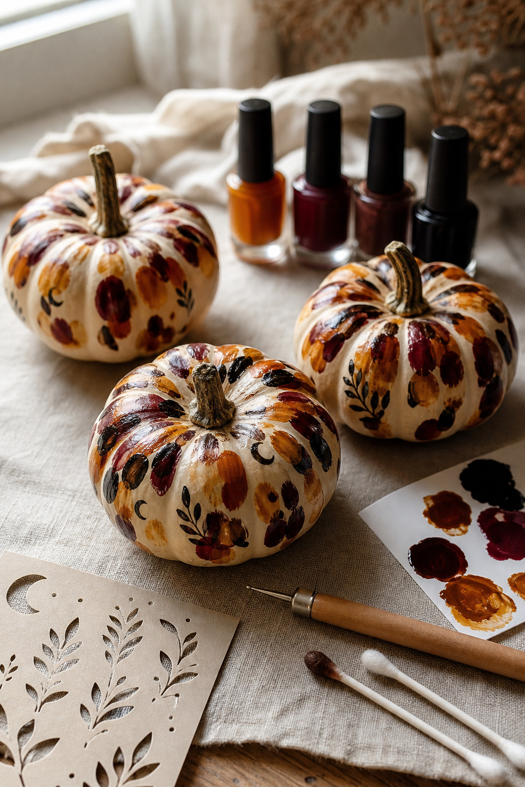Three ivory mini pumpkins with layered amber, berry and dark botanical marks.