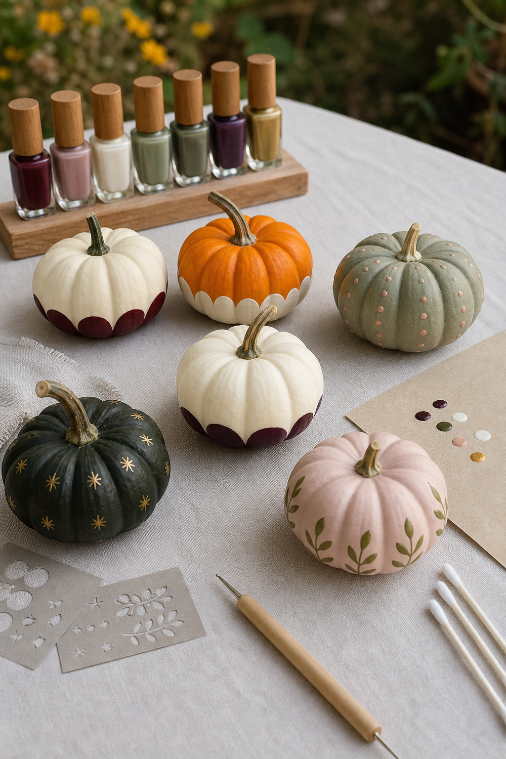 Six mini pumpkins with scalloped edges, dots, small leaves and star patterns.