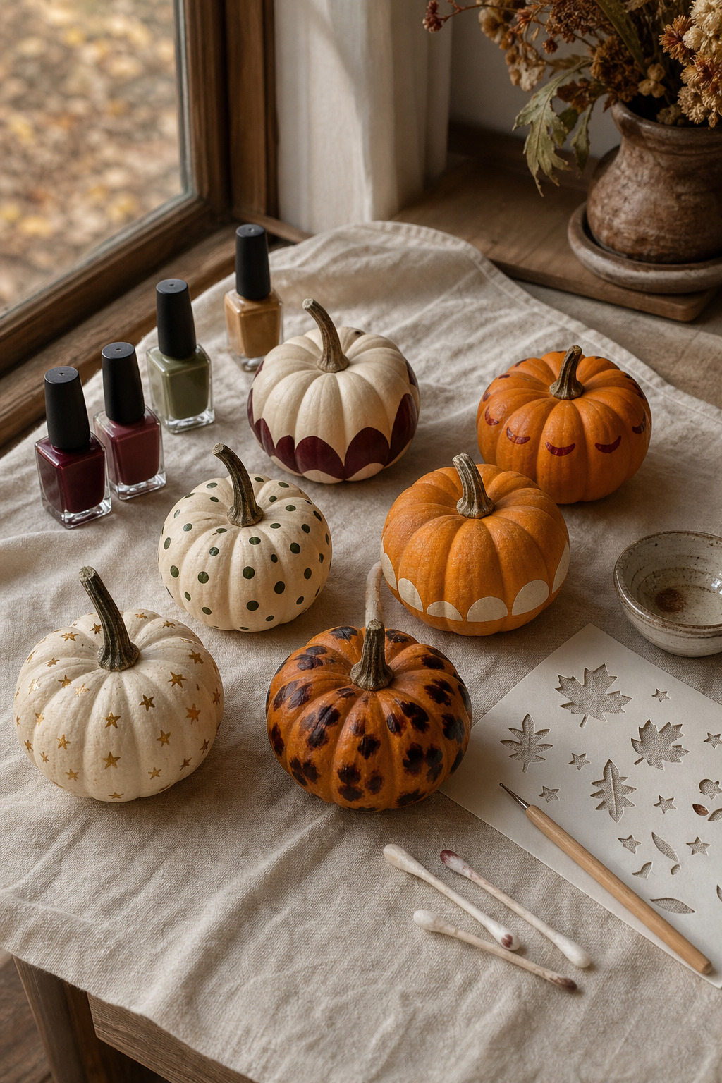 Six decorated mini pumpkins beside stencils, polish bottles and small craft tools on a linen-covered table.