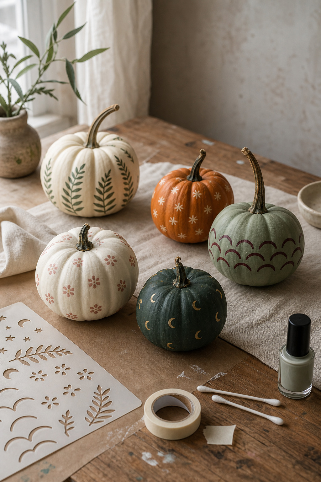 Five decorated mini pumpkins with a paper stencil library of leaves, stars, flowers and moons.