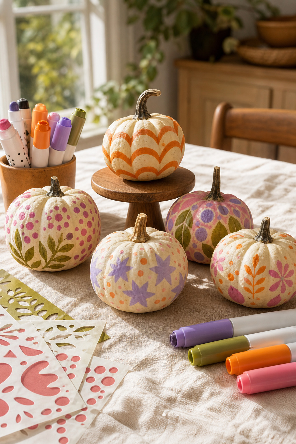 Five bright mini pumpkins decorated with washable dots, leaves, flowers and scallops beside water-based markers.